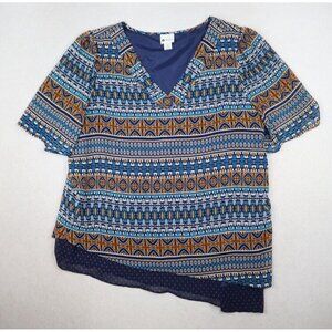 STYLUS - WOMEN'S BLUE PRINT SHORT SLEEVE ASYMMETRICAL TUNIC TOP - SIZE XL